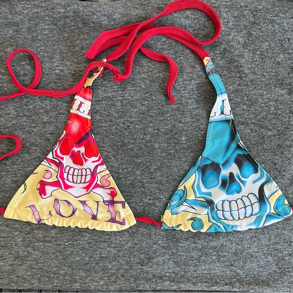 Ed Hardy Red and Blue Skull Bikini Top